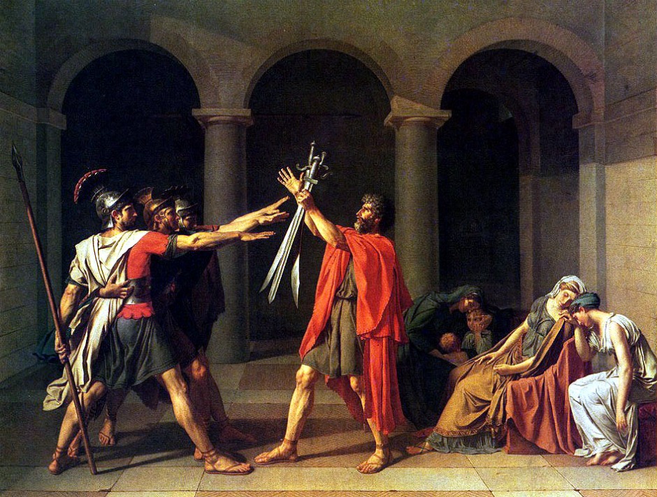 Title: The Oath of the Horatti.  Artist: Jacques-Louis David.  Medium: Oil Painting. Dimensions: 3.3 x 4.2m. Location: The Louvre, Paris. Credit: http://www.bc.edu/bc_org/avp/cas/his/CoreArt/art/neocl_dav_oath.html. 